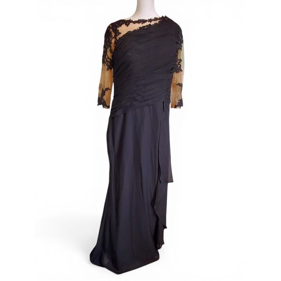 Vintage Dresses & Skirts - Vintage 90s Y2K Black Illusion Floral Bodycon Maxi Dress Size 14 Goth Glam